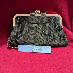 Kate Landry Coin Closure Clutch Snakeskin Animal Print Green Gold HTF NWT